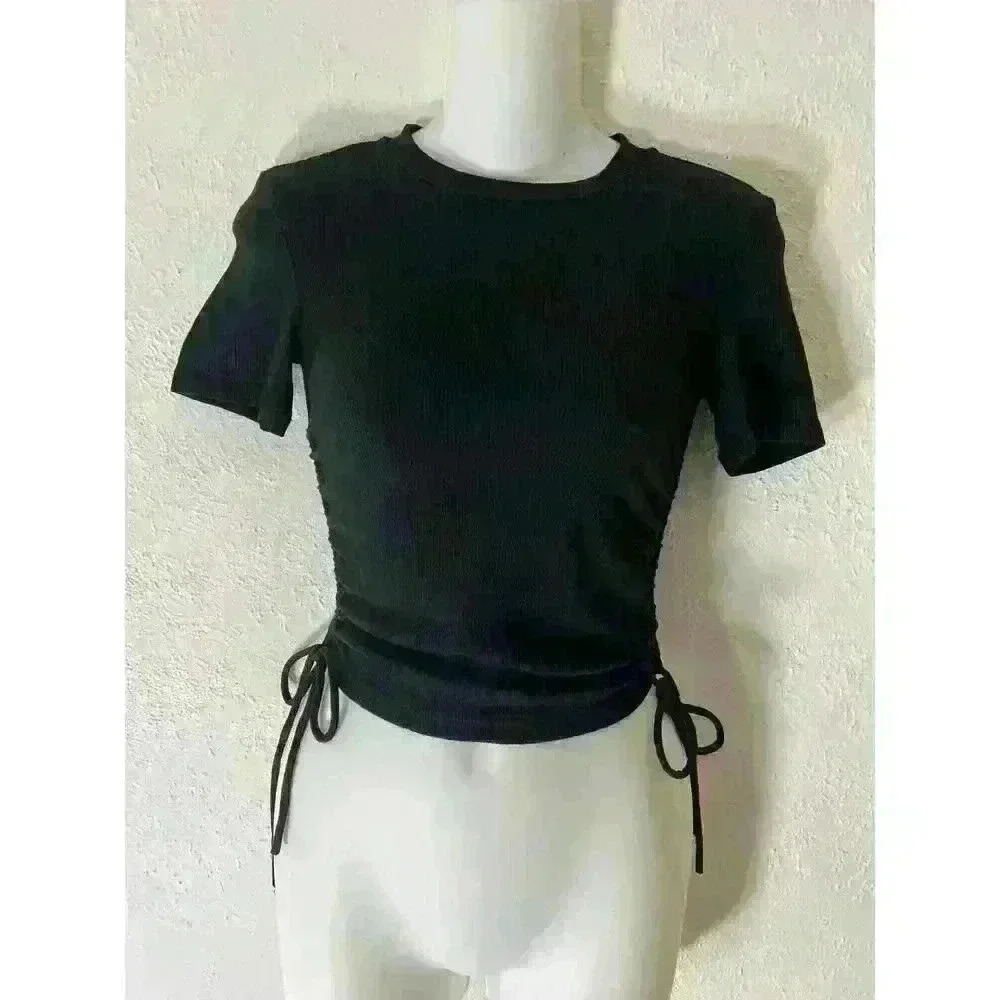 Zara Black Ruched Side Tie Ribbed Crop Top Tee Shirt Size Small